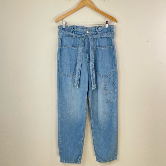 Free People Belted Denim High-Waisted Utility Paperbag Pants in Blue Haze Sz 29 - Picture 14 of 16
